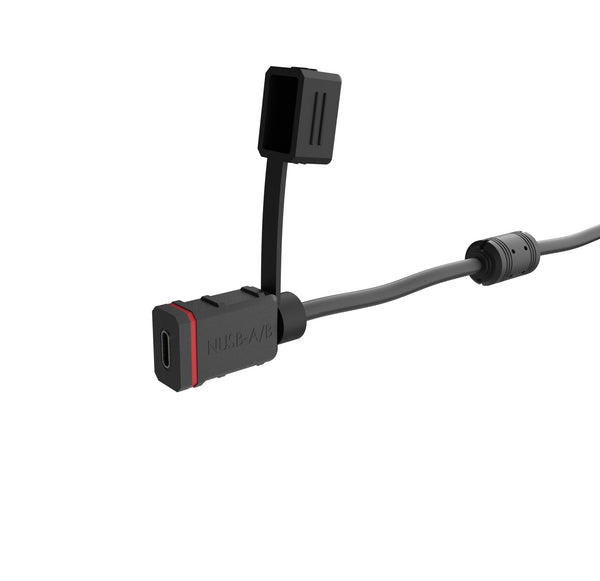 The female USB-A adaptor from Evotech Motorcycle USB-C Charger has a waterproof casing and cover for when the motorcycle accessory is not in use.