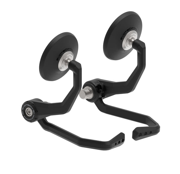 Evotech Bar End Mirrors / Brake and Clutch Protector Kit (Retro) uses a modular system to join motorcycle handlebar end mirrors and lever guards into one installation. The stainless steel fitting design is model-specific for a seamless fit and the circular, retro-style mirrors have a pivot adjustment.