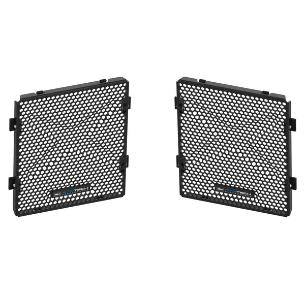 The pair of bespoke black Evotech radiator guards for the BMW R 1300 GS Option 719 Tramuntana motorcycle accurately fit to the shape of the OE radiator. The custom designed EP rad guards have rectangular logo badges and are supplied with TPU fasteners.