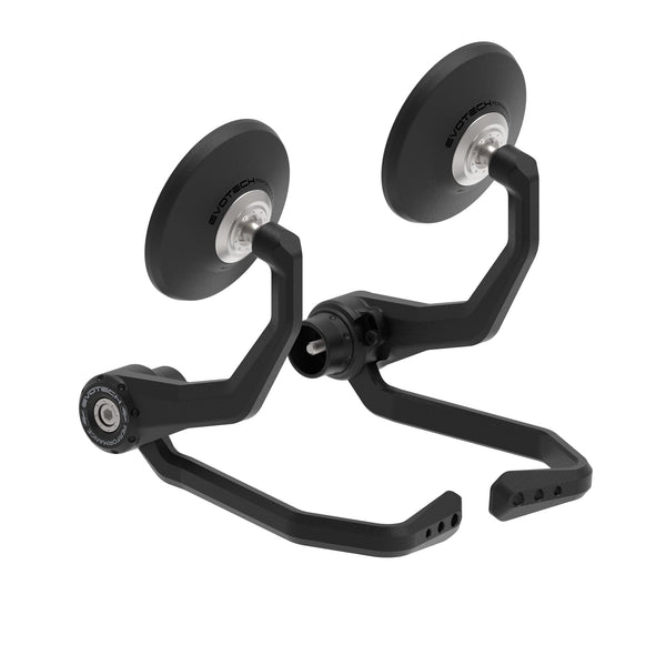 Evotech Bar End Mirrors / Brake and Clutch Lever Protector Kit (Retro) are aftermarket motorcycle mirrors, replacements for the original equipment. EP’s classic, circular mirrors are pivot adjustable, with aluminium, powder-coated stems and integrated aluminium lever guards. Each Evotech motorcycle part is fitted to the machine using the stainless steel model-specific installation design.