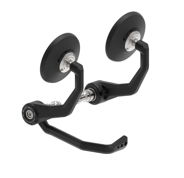 Evotech Bar End Mirrors / Brake Protector for the Honda CB1000R Neo Sports Cafe (Retro) are a pair of circular handlebar mirrors with pivot adjustment and aluminium stems. The right hand mirror has an integrated Evotech Lever Protector for additional brake protection. Each mirror includes Evotech Performance’s model-specific mounting mechanism.
