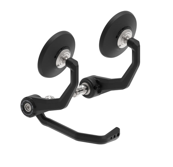 Evotech Bar End Mirrors / Brake Protector (Retro) are classic, round motorcycle mirrors with model-specific installation system for attaching to the handlebar ends. The EP motorcycle parts have CNC-machined aluminium, powder-coated stems and pivot adjustment, whilst the right-hand mirror also bears an integrated EP aluminium lever guard.