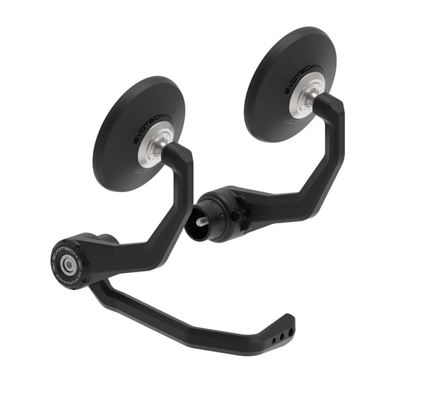 Evotech Bar End Mirrors / Brake Protector (Retro) are classic, round motorcycle mirrors with model-specific installation system for attaching to the handlebar ends. The EP motorcycle parts have CNC-machined aluminium, powder-coated stems and pivot adjustment, whilst the right-hand mirror also bears an integrated EP aluminium lever guard.