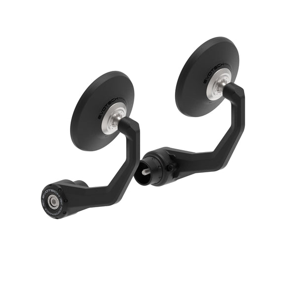Evotech Bar End Mirrors (Retro) are replacement motorcycle mirrors in Evotech Performance’s classic round shape. Bearing a stainless steel installation design, the pivot adjustable mirrors have powder-coated black aluminium stems with EP logos.