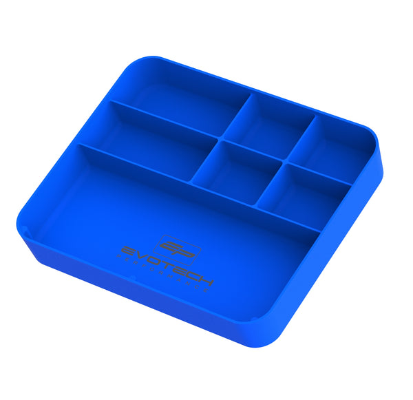 Lightweight and portable, the Evotech Motorcycle Part Tray has seven compartments for storing small parts and tools during motorcycle maintenance. The blue small parts organiser is produced from PLA by Evotech Performance.
