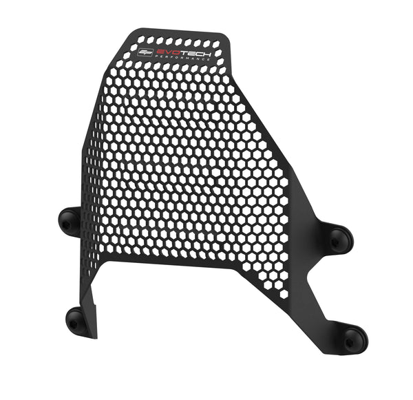 Powder-coated black, the Evotech Performance fuel tank cover guard has an hexagonal hole pattern CNC-machined into the aluminium motorcycle part. Finished with a red highlighted Evotech Performance logo to match the Ducati styling.