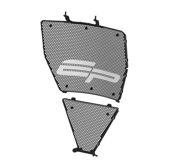 The black powder-coated Evotech Race Radiator Guard Set has a large EP logo painted on the upper guard. The radiator protectors are CNC machined from aircraft-grade aluminium with accurate shaping and fasteners for a precise fit to the motorcycle.