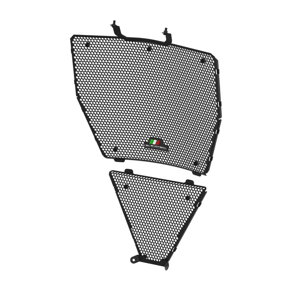 The Evotech Radiator Guard Set designed for a Ducati Streetfighter V4 motorcycle is powder-coated in a textured black finish and features a honeycomb pattern precision-engineered into the lightweight yet strong aluminium. The motorcycle parts are fitted with Evotech's rubber bungs and a T-shape badge with the Evotech Performance logo.