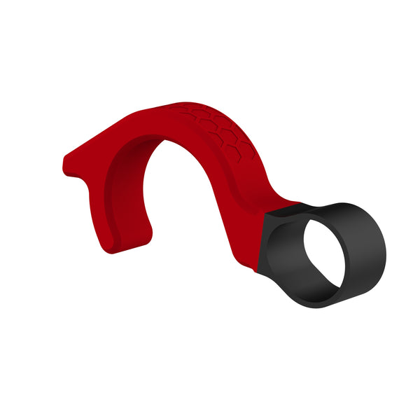 The distinctive red and black of the Evotech Front Brake Safety Lock matches the colourful livery of the motorcycle manufacturer and is easy to identify in the workshop. The black ring is from flexible TPU for ease of installation, whilst the red hook has Evotech Performance's signature hexagons machined into the motorcycle accessory design.