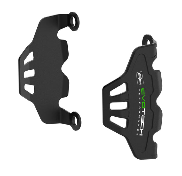 Evotech Front Caliper Guards are ergonomically shaped brake caliper protectors offering crash protection to the front brakes. The motorcycle accessories are CNC-machined from aluminium with Evotech Performance’s matt, black, durable powder-coating and green accented EP logos.