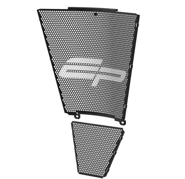 Evotech Race Radiator Guard and Oiler Cooler Guard Set for the Honda CBR1000RR-R are two separate aluminium parts with matt, black powder-coating. The EP motorcycle parts have specific fitting to the Honda with fasteners supplied. The upper guard has a large painted EP logo, similar to EP supported race teams.