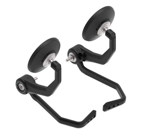 Evotech Bar End Mirrors / Brake and Clutch Protector Kit (Retro) uses a modular system to integrate motorcycle handlebar end mirrors and lever guards into one installation. The stainless steel fitting design is model-specific for a seamless fit and the circular, retro-style mirrors have a pivot adjustment.