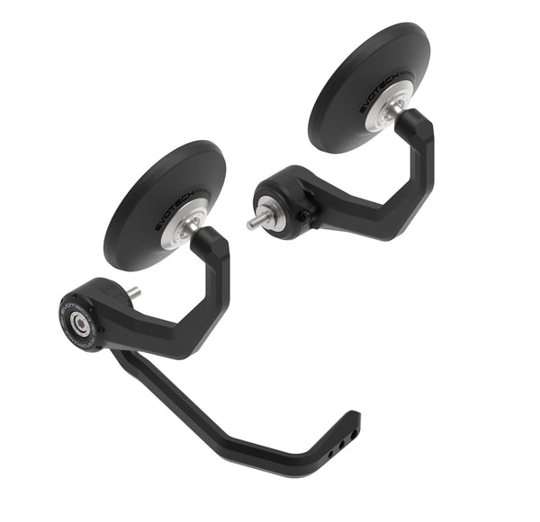 Evotech Bar End Mirrors / Brake Protector (Retro) uses a modular system to join motorcycle handlebar end mirrors and a right hand lever guard into one bar end installation. The stainless steel fitting design is model-specific for a seamless fit and the circular, retro-style mirrors have a pivot adjustment.