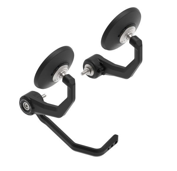 Evotech Bar End Mirrors / Brake Protector (Retro) uses a modular system to join motorcycle handlebar end mirrors and a Right Hand lever guard into one installation. The stainless steel fitting design is model-specific for a seamless fit and the circular, retro-style mirrors have a pivot adjustment.