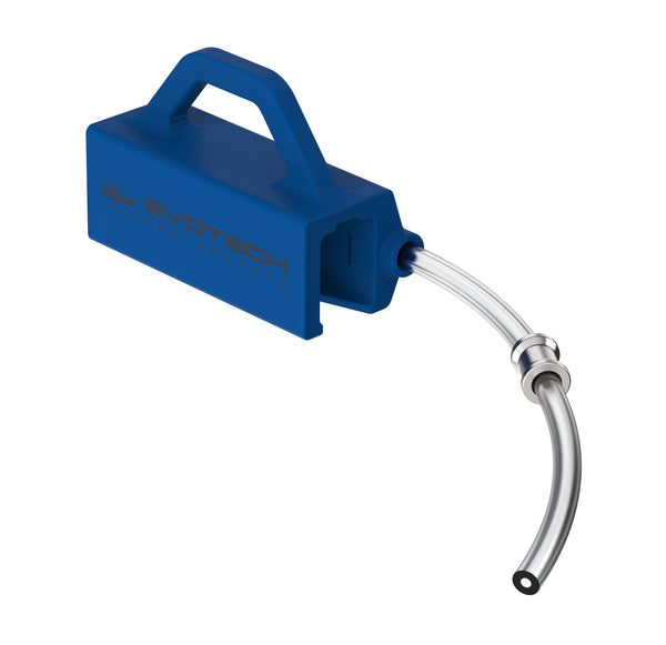 Displaying the Evotech Performance logo on the blue TPU flexible, the Evotech Motorcycle Chain Lubricator also has a clear pipe and stainless steel clip.