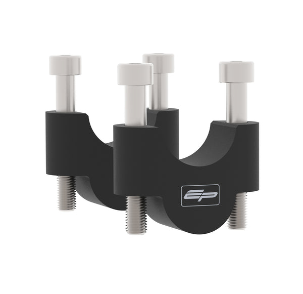 Black Evotech Handlebar Riser for Triumph Trident, showing the side view with the brand logo on the central aluminium riser, which gives an extra 25mm handlebar height.