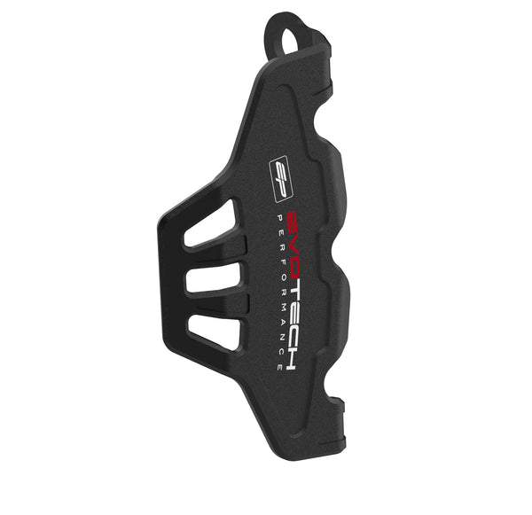 The Evotech Front Caliper Guard is a single ergonomically shaped brake caliper protector offering crash protection to the front single disc brake. The motorcycle part is CNC-machined from aluminium with Evotech Performance’s matt, black, durable powder-coating and red coloured EP logos.