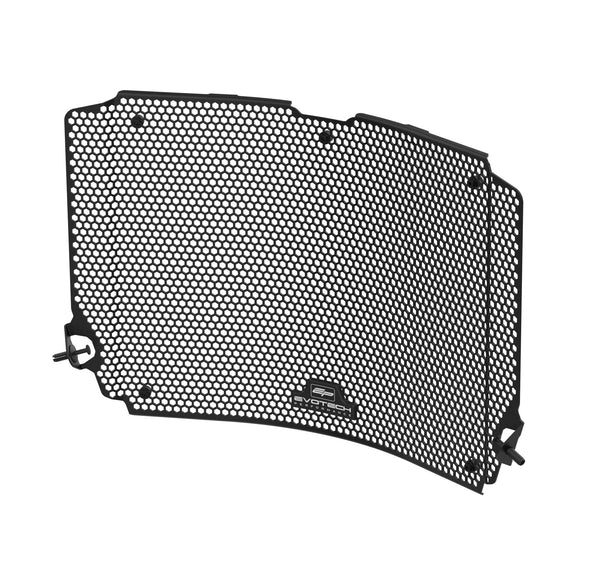 Black aluminium EP radiator guard with a hexagonal matrix hole-pattern designed to guard against road debris. The Evotech rad protector has a T-shape logo badge and is supplied with all required fasteners.