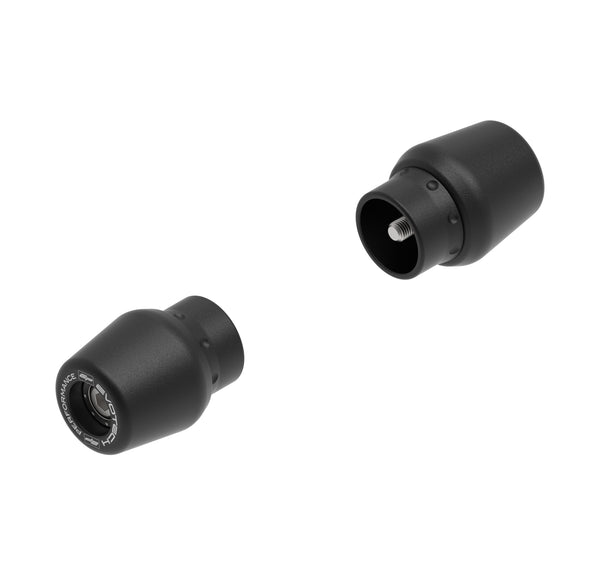 A pair of powder-coated black stainless steel Evotech bar end weights for the Triumph motorcycle.