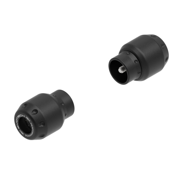 A pair of black stainless steel Evotech bar end weights for the Triumph motorcycle with model-specific fasteners.