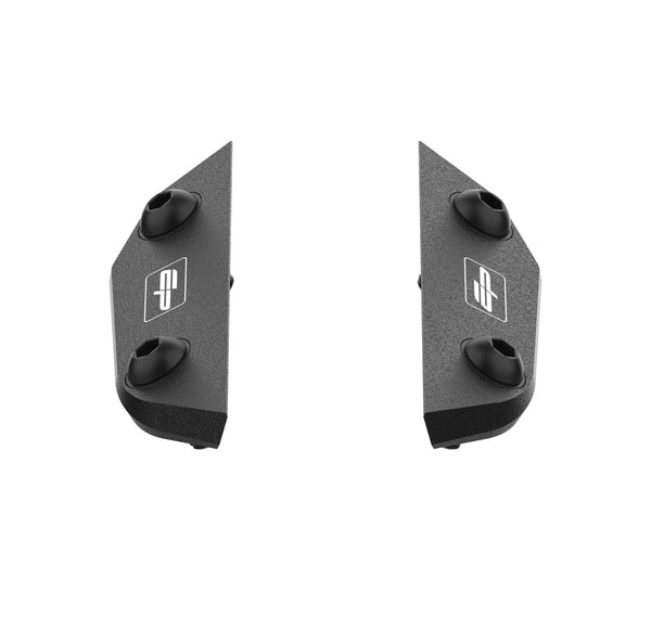 A pair of black powder-coated motorcycle mirror blanking plates with a precision fit for a Triumph Daytona 660.