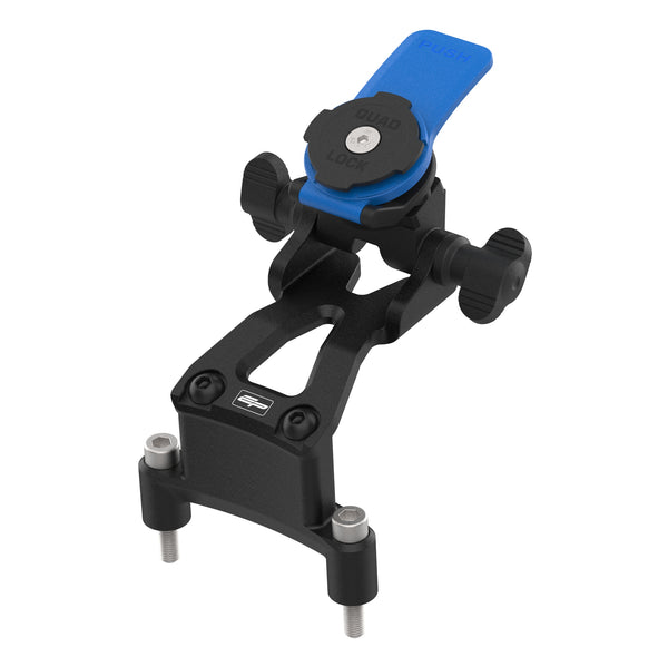 The Evotech Sat Nav Mount for the Triumph Speed Triple mounts to the petrol tank mounting bolts with the supplied stainless steel bolts. The angled motorcycle sat nav accessory is made from black powder-coated aluminium and features a Quad Lock interface.