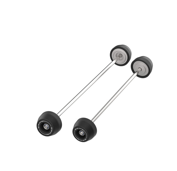 Evotech Spindle Bobbins Crash Protection Kit includes spindle bobbins for both the front and rear wheel spindles of the motorcycle. The nylon bobbins include a supporting aluminium inner, specifically shaped for a precision fit. Held in position through the wheel by rolled-thread stainless steel rods.
