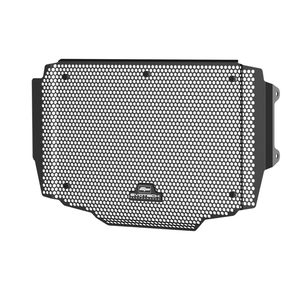 Black Evotech radiator guard with hexagonal hole pattern for the Yamaha motorcycle, rubber spacers and T-Shape Evotech Performance logo badge.
