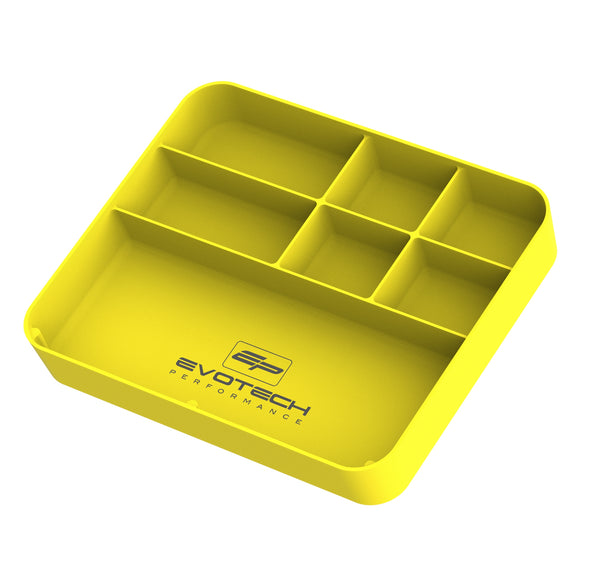 The Evotech Yellow Parts Tray is compartmentalised into seven different areas. The stackable motorcycle parts tray with Evotech Performance logo has internal magnets for easy storage around the workshop.