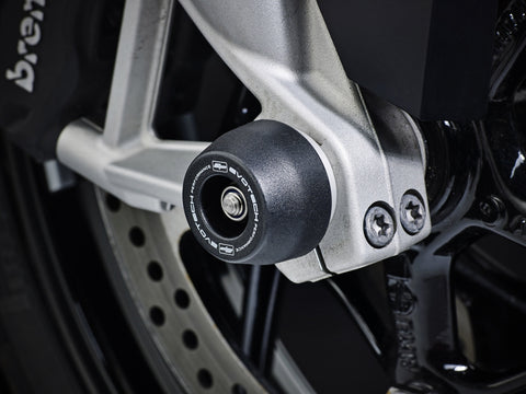 The front wheel of the BMW S1000 XR with EP Spindle Bobbin precisely fitted, offering front fork and brake caliper protection.