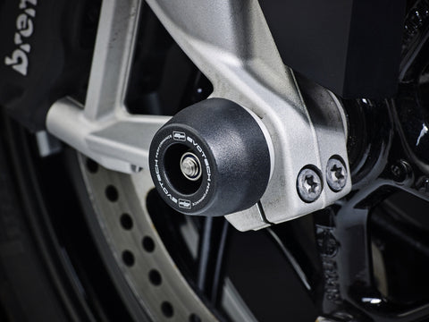 Front fork crash protection in position on the BMW R 1200 GS from the EP Spindle Bobbins Kit.