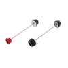 EP Spindle Bobbins Crash Protection Kit for the Ducati Hypermotard 950 RVE with front fork protection with bobbins on both sides (right) and rear swingarm protection with a single bobbin and anodised red hub stop (left). 