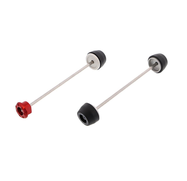 EP Spindle Bobbins Crash Protection Kit for the Ducati Monster 1100 with front fork protection with bobbins on both sides (right) and rear swingarm protection with a single bobbin and anodised red hub stop (left).