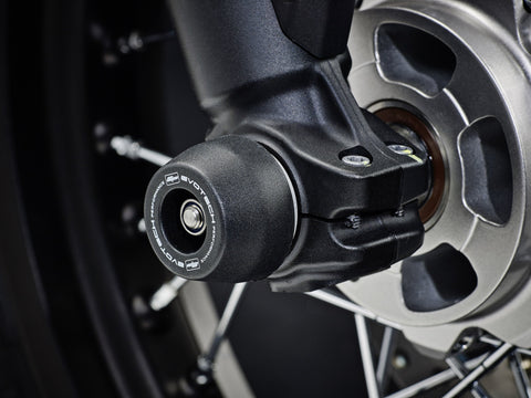 The front wheel of the Ducati Scrambler Street Classic with EP Spindle Bobbins Crash Protection Kit fitted.