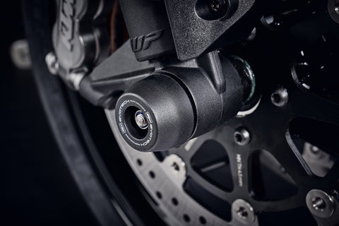 The precision fit of the EP bobbin to the front wheel of the KTM 890 Duke R from the EP Spindle Bobbins Kit, offering crash protection to the front forks, spindle retainers and brake calipers. 