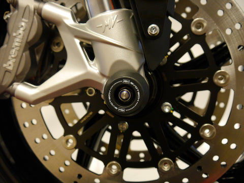 The EP Spindle Bobbins Kit blends into the front fork of the MV Agusta Dragster RC SCS, giving crash protection to the forks and brake calipers.