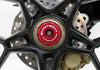 The offside view of the rear wheel of the MV Agusta Dragster fitted with EP’s red hub stop from the EP Spindle Bobbins Crash Protection Kit.