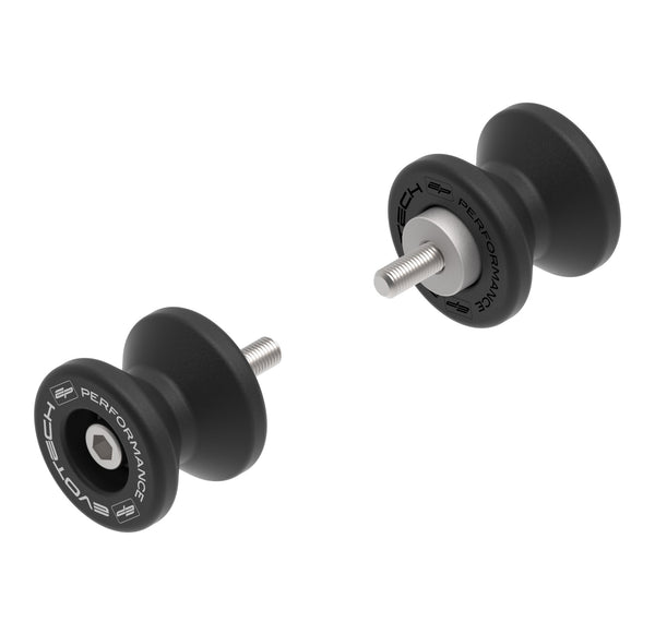 Evotech Paddock Stand Bobbins for the Yamaha MT-09, two hourglass shaped nylon bobbins each with an anodised aluminium spacer, stainless steel inner bush and mounting bolt.