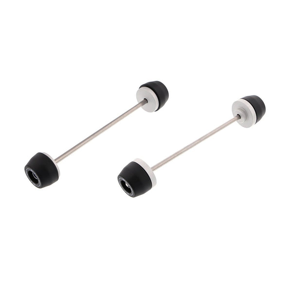 The nylon and aluminium bobbins held by stainless steel spindle rods of EP Spindle Bobbins Kit for the BMW S 1000 XR TE with front wheel and fork protection (left) and rear swingarm protection (right).