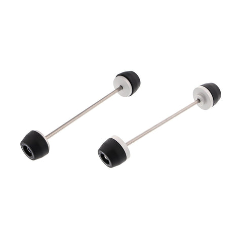 The nylon and aluminium bobbins held by stainless steel spindle rods of EP Spindle Bobbins Kit for the BMW S 1000 XR TE with front wheel and fork protection (left) and rear swingarm protection (right).