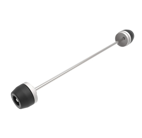 A stainless steel spindle rod connects the two nylon and aluminium motorcycle wheel crash sliders which make up EP Rear Spindle Bobbins for the Ducati DesertX. 