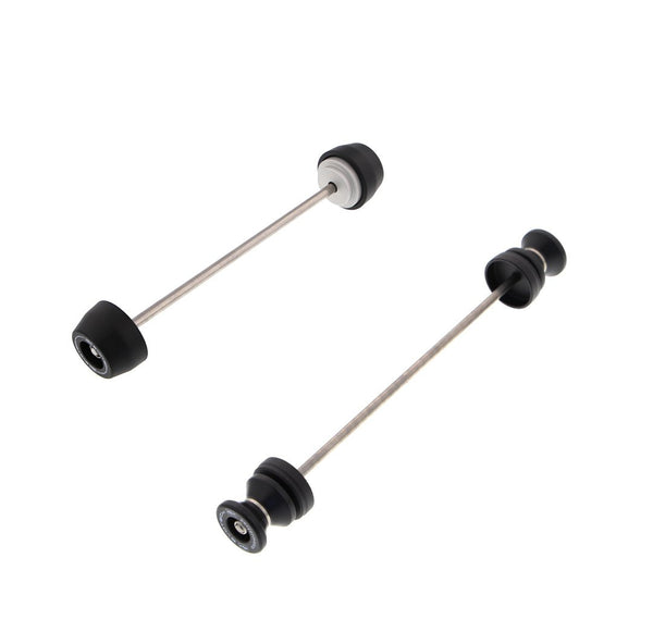 Two EP products are included in the EP Spindle Bobbins Paddock Kit for the Ducati Monster 797+: front fork crash protection spindle bobbins (left) and rear wheel paddock stand bobbins (right).