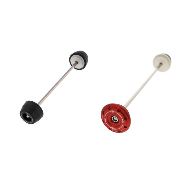 The full EP Spindle Bobbins Crash Protection Kit for the Ducati Diavel V4 includes a front wheel spindle rod with two bobbins (left) and a rear wheel spindle rod with a bobbin and red hub stop (right).