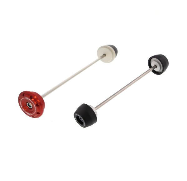 EP Spindle Bobbins Crash Protection Kit for the Ducati Multistrada 1260 D/Air with front fork protection with bobbins on both sides (right) and rear swingarm protection with a single bobbin and anodised red hub stop (left).
