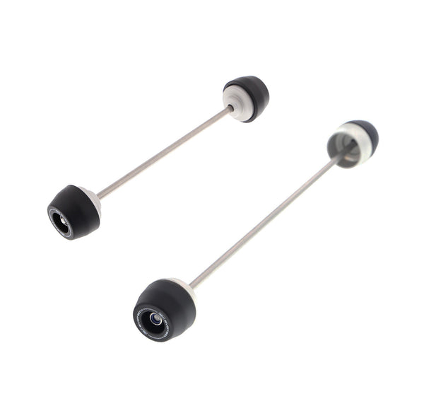 EP Spindle Bobbins Kit for the Kawasaki ZX6R includes front fork crash protection (left) and rear swingarm protection (right). Stainless steel spindle rods fasten the signature Evotech Performance nylon bobbins and aluminium spacers together which will install securely through the motorcycle’s wheels.  