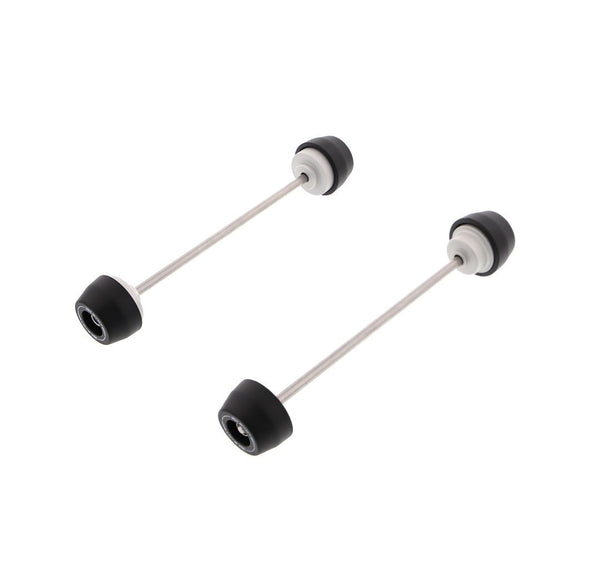 EP Spindle Bobbins Kit for the Triumph Daytona Moto2 765 includes front fork crash protection (left) and rear swingarm protection (right) both holding signature Evotech Performance nylon bobbins above a precision machined aluminium inner.  