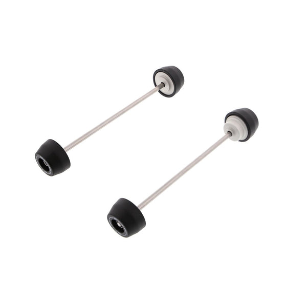 EP Spindle Bobbins Kit for the Triumph Trident includes front fork crash protection (left) and rear swingarm protection (right) both holding signature Evotech Performance nylon bobbins above a precision machined aluminium inner.  