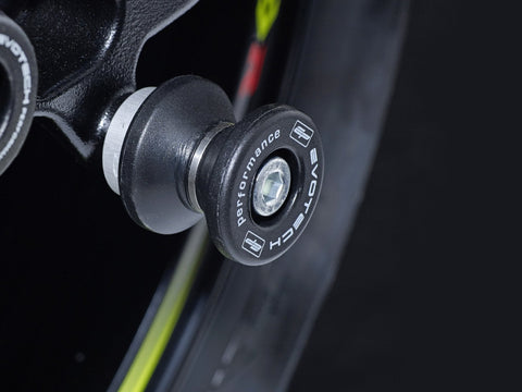 The rear wheel of the Suzuki GSX-S125 GP with EP Paddock Stand Bobbins installed.