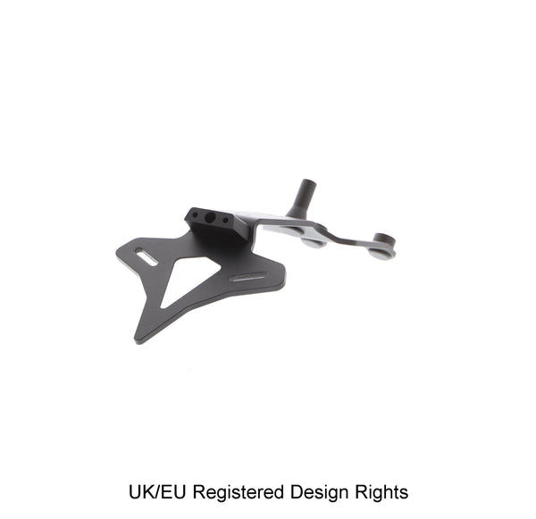 Evotech's black CNC machined aluminium tail tidy for Triumph Speed Twin motorcycle, with UK/EU registered design rights noted.