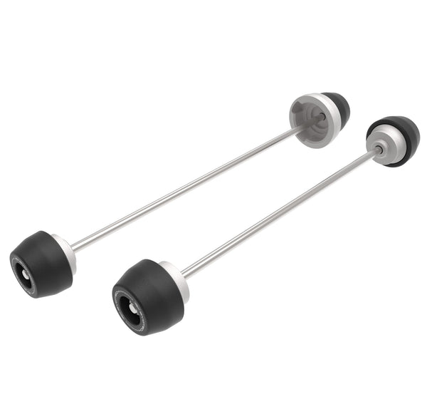 EP Spindle Bobbins Kit for the Triumph Tiger 1200 GT Explorer includes front fork crash protection (right) and rear swingarm protection (left) both holding signature Evotech Performance nylon bobbins above a precision machined aluminium support.